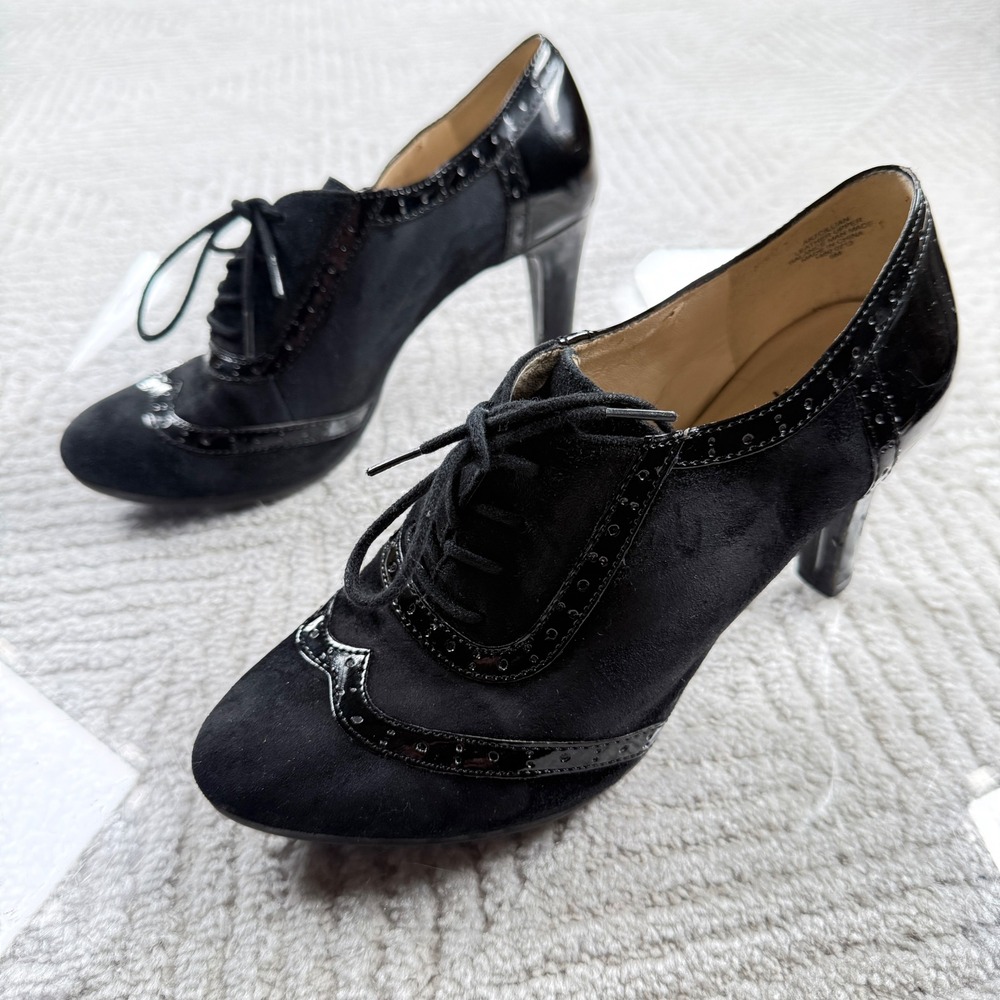 Anne Klein Cillian Oxford Heels Womens 6M Black Suede Patent Wingtip Brogue Pump